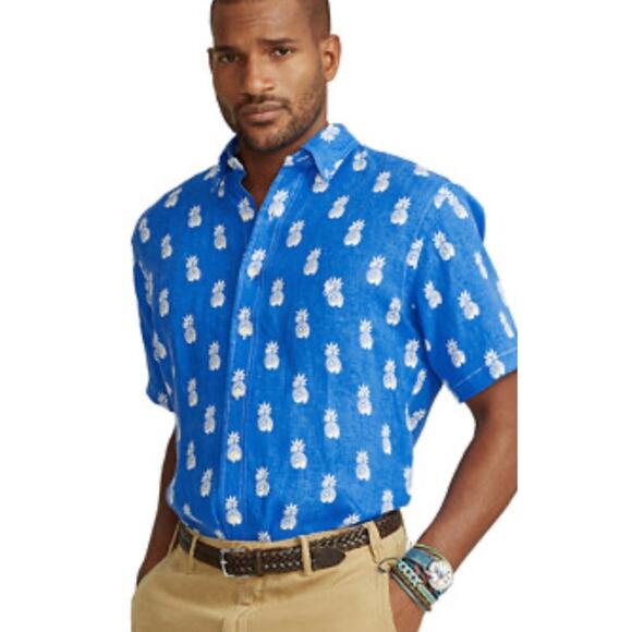 3XL Linen Pineapple Ralph Lauren Hawaiian Blue shirt button up XXXL Preppy - Picture 1 of 12